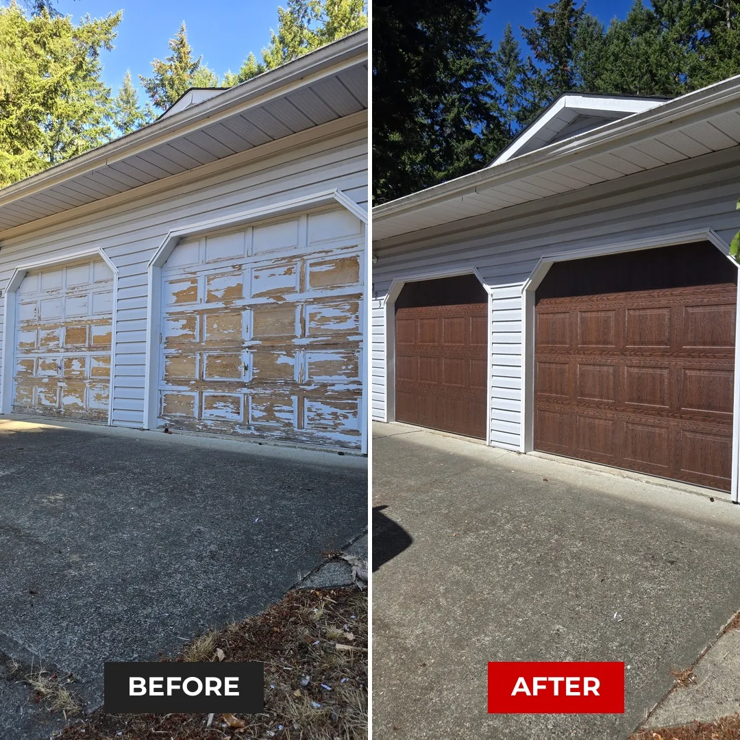 Before and after: worn doors replaced with new walnut wood-grain garage doors